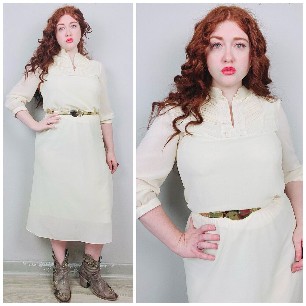 1990s Vintage Pale Yellow Dress / 90s / Floral Embroidered Peasant Dress Large